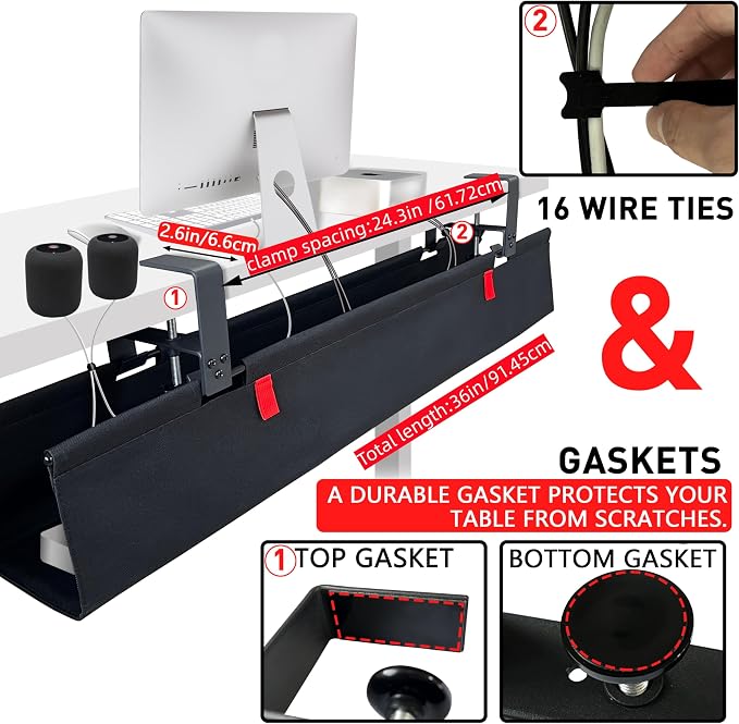 Under Desk Cable Management Tray – No Drill, 36" L x 6" W, Non-Scratch Silicone Clamps, 16 Cable Slots, Washable Honeycomb Base,Black