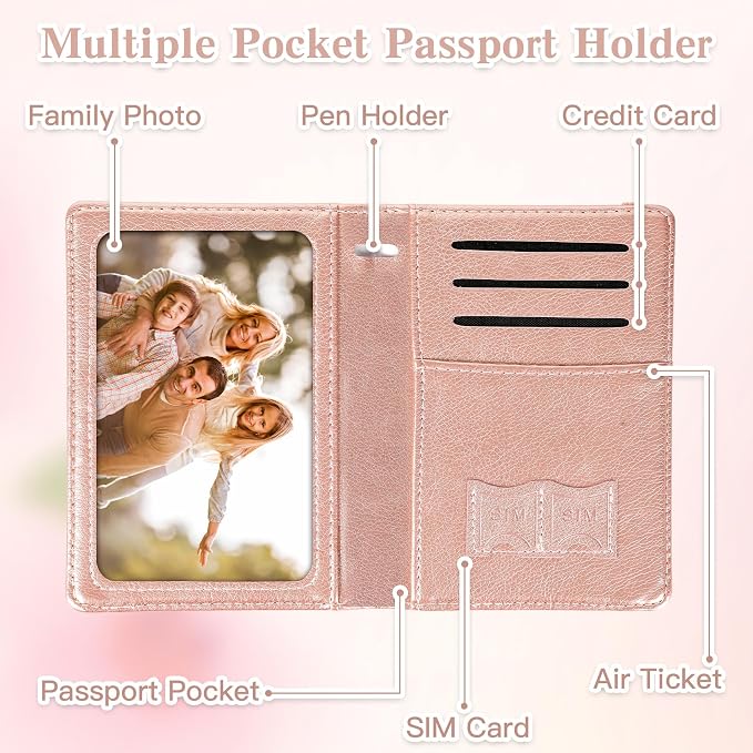 Passport Holder for Travel, RFID Blocking Passport Cover with Pen Holder Leather Passport Wallet Case Travel Must Haves Accessories Passport Book Card Holder for Family Travel Essentials, Rose Gold
