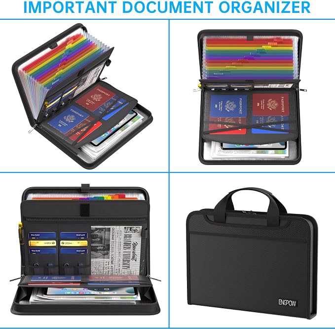 ENGPOW Accordion File Organizer, Fireproof 5200°F Expanding File Folder with 13 Pockets Document Organizer with Handle & Labels, Portable Home Office Travel Safe Storage for Letter A4 Files, Black