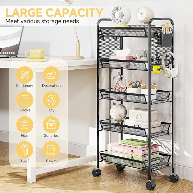 KINGRACK 5 Tier Rolling Cart, Metal Utility Storage Cart with Pegboard | Screwless Assembly, Lockable Wheels, 4 Hooks & 1 Bin, Mobile Organizer for Bathroom Kitchen Office Craft Room Laundry, Black