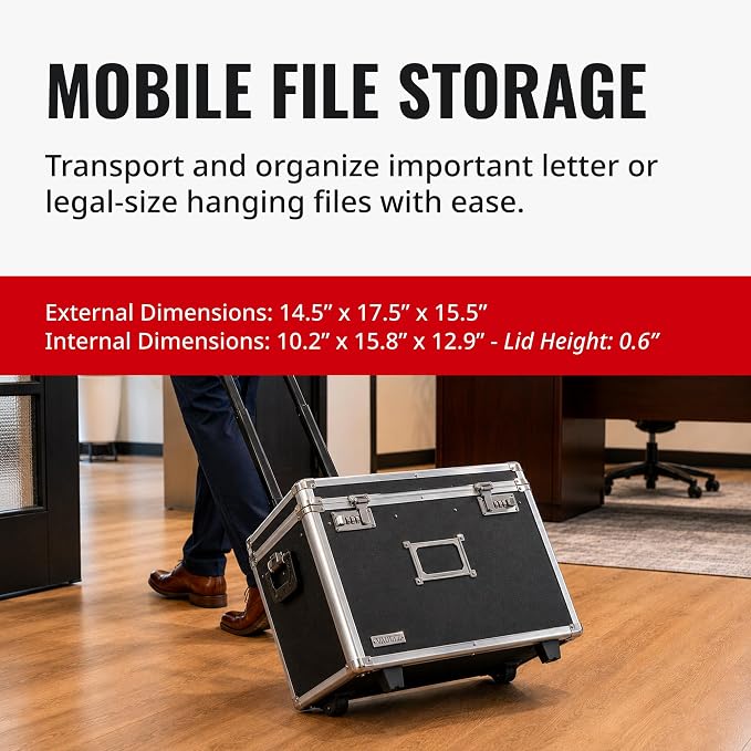 Vaultz Portable File Box with Handle - Dual Lock File Boxes with Lids, Letter & Legal-Size Hanging Folders, Laptop Sleeve - HIPAA Compliant Portable Safe Storage Box, 14.5" x 17.5" x 15.5" | Fits letter and legal hanging folders, includes a laptop slee...