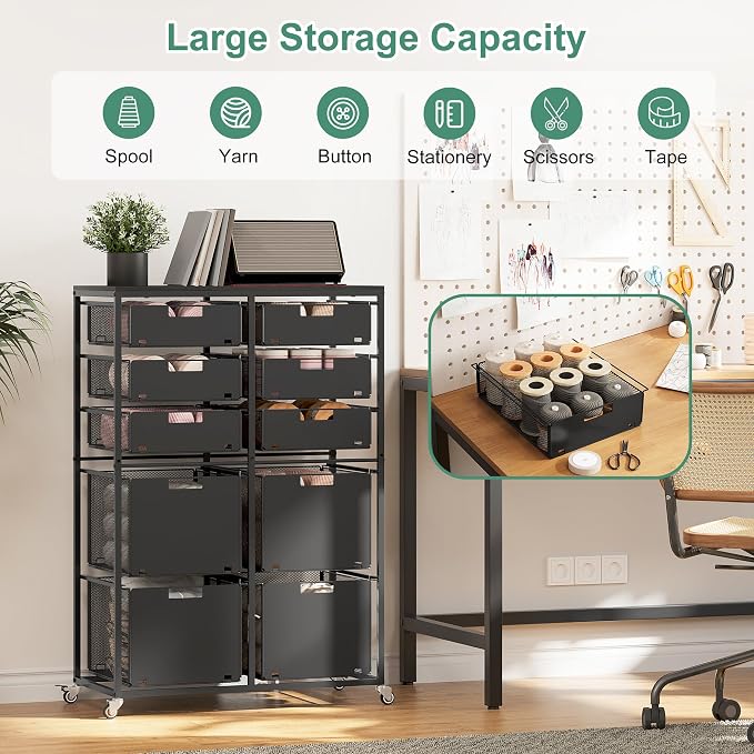 EasyPAG Rolling Storage Cart With 10 Drawers, Metal Craft Organizers with Wood Tabletop for Home, Letter/Legal Size Rolling File Cart for Office, Classroo and Dorm, Black
