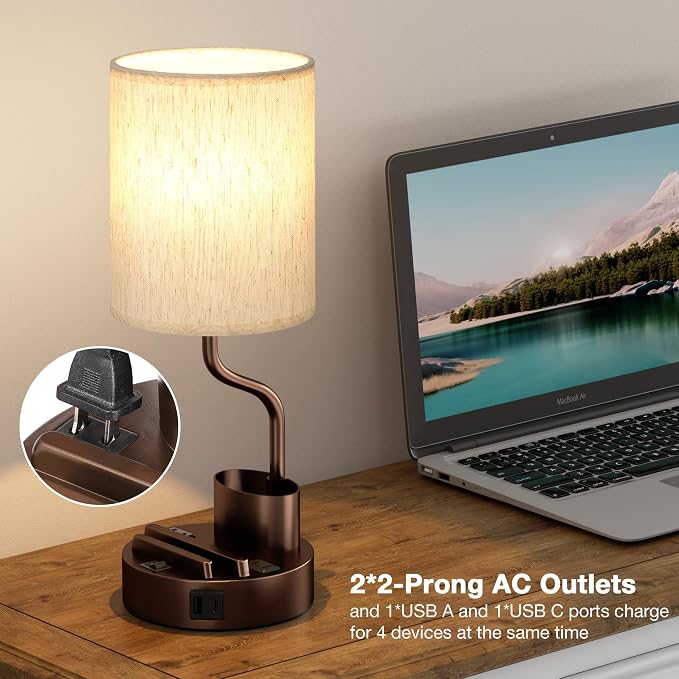 Bedside Lamps for Bedroom Set of 2 - Table Desk Lamp for Nightstand | 15" Table Lamp for Living Room with Pen Holder & Phone Stand, USB A+C Port, AC Outlet, 3 Color Temperature, LED Bulb Included