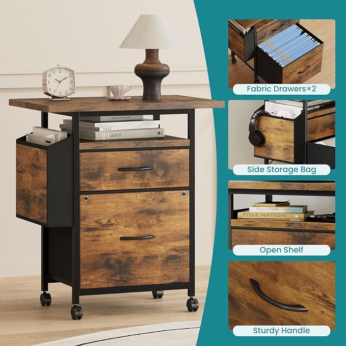 OLIXIS 2 Drawer File Cabinet with 24'' Wide Desktop, Rolling Printer Stand | Printer Cart with Lockable Wheels, Fabric Drawer Cabinet Under Desk with Storage Side Bag for Small Space, Home Office, Brown