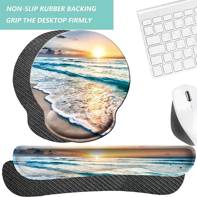 Keyboard Wrist Rest Pad Mouse Pad with Wrist Support Set of 3, Mousepad with Non-Slip Rubber Base, Ergonomic Memory Foam Mouse Wrist Cushion Support for Home Office Laptop Computer Gaming, Beach