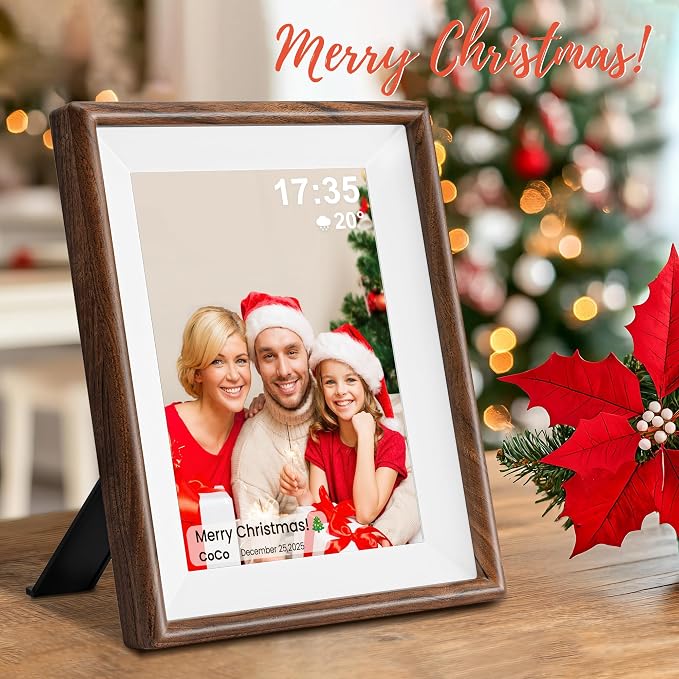Frameo 10.1" Smart Digital Picture Frame with Walnut Moulding, 16:9 1280p HD IPS Touchscreen Display, 32GB Storage, MicroSD Slot, Plug-in Power, Easy Wireless Photo & Video Sharing, Idea