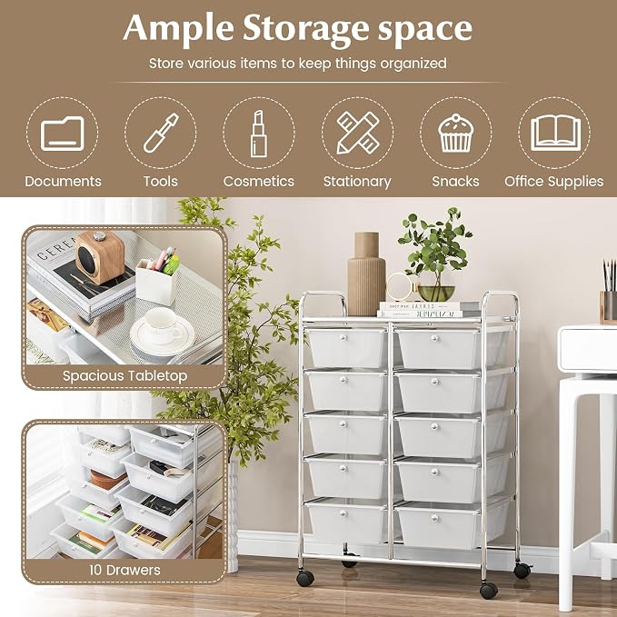 COSTWAY 10 Drawer Rolling Storage Cart, Utility Cart with Lockable Wheels | Mobile Art Supply Craft Organizer with Metal Frame, Multipurpose Drawer Cart for Paper for Office, School, Transparent