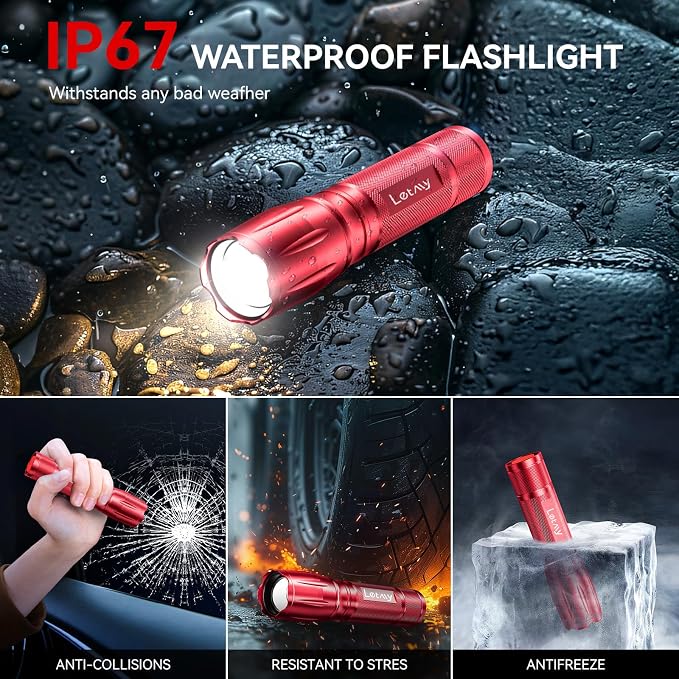 LETMY Tactical Flashlight - 2 Pack Bright Military Grade Flashlights High Lumens - Portable Handheld Flash Light, 5 Modes Zoomable Waterproof Flashlights for Home Emergency Camping- Red