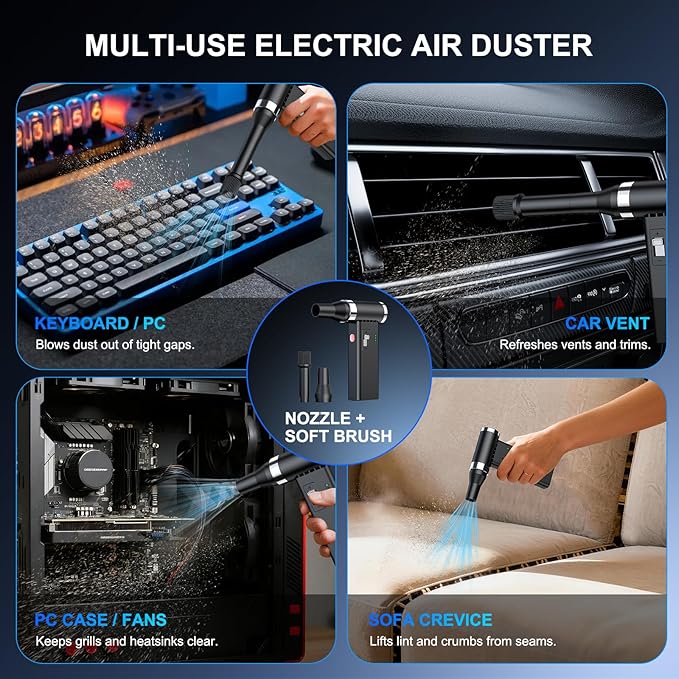 Mini Ultra-Slim Electric Compressed Air Duster, 150,000RPM Brushless Motor, Powerful Airflow for Keyboard/PC/Car, USB-C Rechargeable