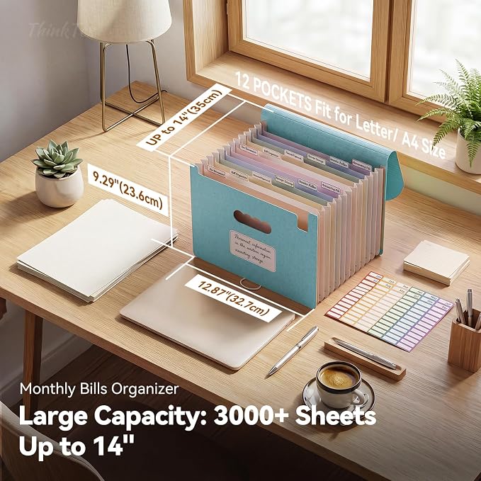 ThinkTex 12-Pocket Accordion File Organizer, Letter & A4 Size, 16 Colors | for Paper Receipts, Bills&Taxes Organizer, Portable Letter/A4 Size Document Holder for School, Office, Home