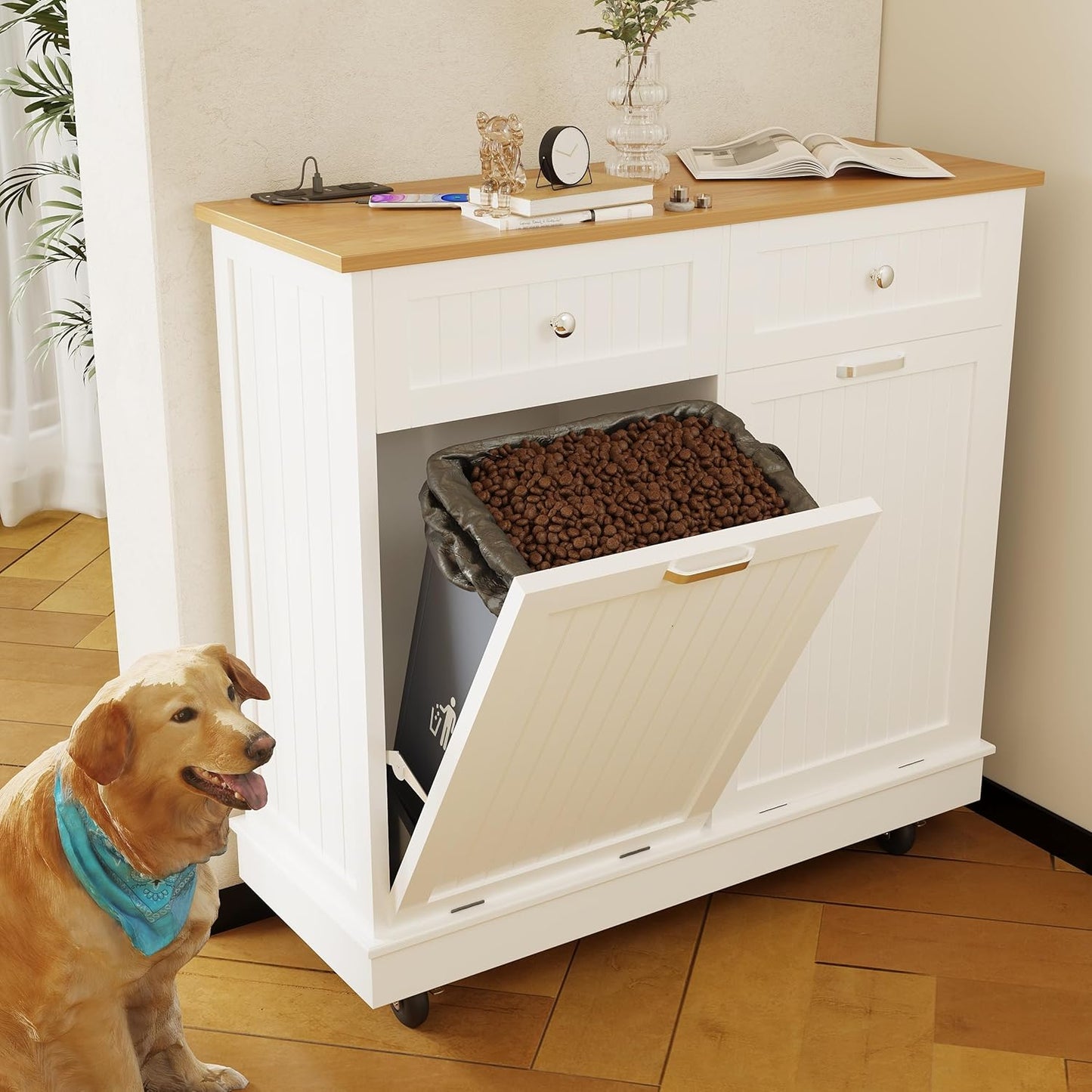 20 Gallon Tilt Out Trash Cabinet, Wooden Kitchen Trash Can Cabinet with Hideaway Drawer, Freestanding Laundry Hamper Garbage Recycling Cabinet on Wheels, Pet Proof, Double, White