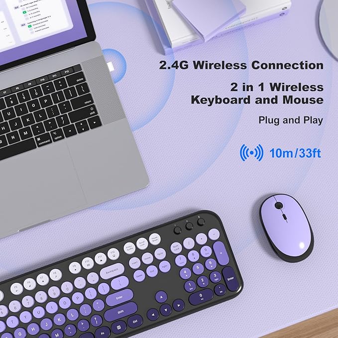 MOFII Wireless Keyboard and Mouse Combo, Full Size 2.4G Retro Round Computer Keyboard and Mouse Set, Plug and Play, for Windows, Computer, Desktop, PC, Notebook - (Black Purple Gradient)