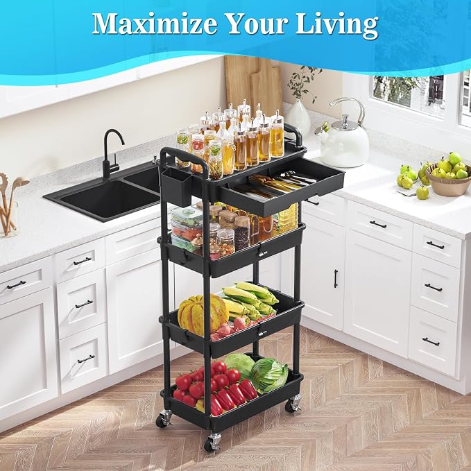 SUNALLY 4 Tier Rolling Cart with Drawer, Craft Storage Cart Organizer,Black | Bathroom Storage Organizer with 2 Lockable Wheels, Rolling Utility Cart for Kitchen, Office, Baby, Makeup, Nail,Snack,Laundry