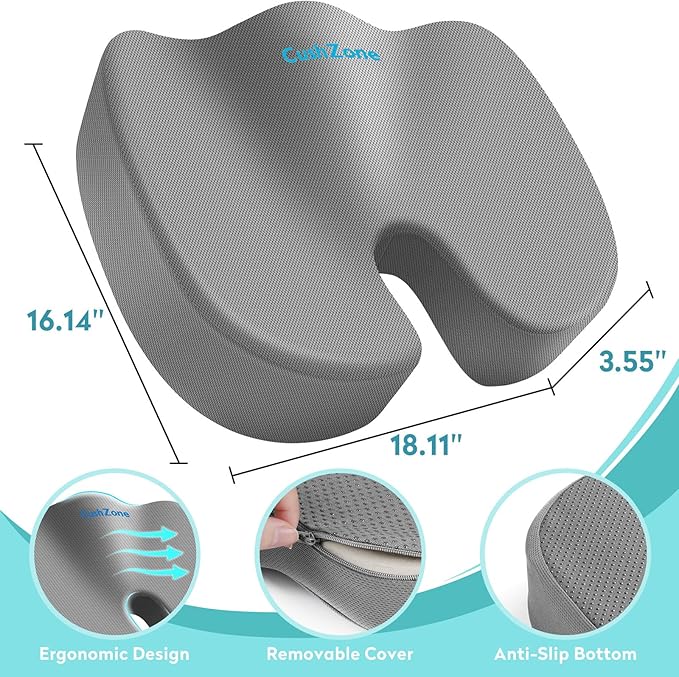 Office Chair Seat Cushion, Cooling Gel Enhanced Memory Foam Cushion for Long Sitting - Back, Sciatica, Coccyx, Tailbone Pain Relief Pillow - for Office, Gaming, Car, Wheelchair - Light Grey, X-Large