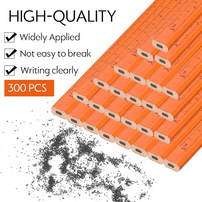 Lincia 300 Pcs Carpenter Pencils 7 Inch Octagonal Flat Carpenter Marking Pencils Hard Black Construction Contractor Pens for Woodworking and Concrete Marking(Orange)