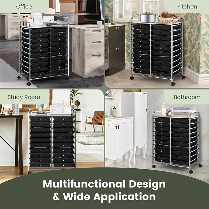 COSTWAY 20-Drawer Rolling Storage Cart, Utility Storage Organizer Cart | For Tools, Scrapbook, Paper, Craft, Multipurpose Storage Trolley on Wheels for Home Office School (Black)