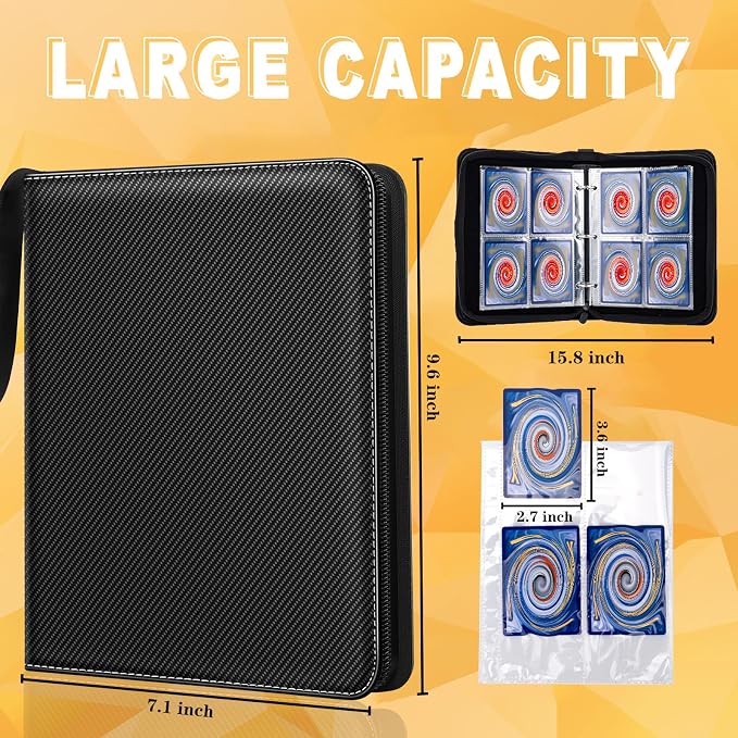 Jravkfi Card Binder 4 Pocket with 50 Removable Sleeves-Can Hold 400 Cards,3-Ring Zipper Sports Book, Ideal for All Card Collectors（Black）