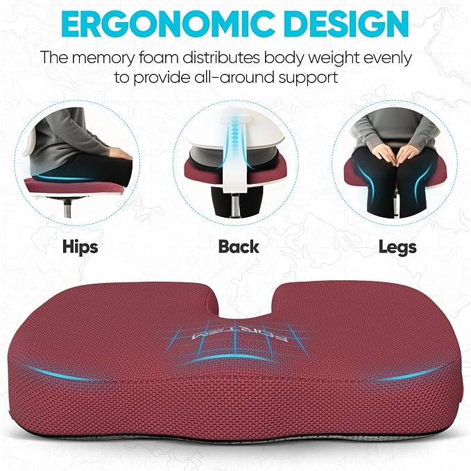 FORTEM Seat Cushion, Office Chair Cushion, Memory Foam Car Seat Cushions, Sciatica Coccyx Tailbone Pain Relief, Chair Cushions for Back Support, Sitting Pad for Gaming, Washable Cover, Non Slip