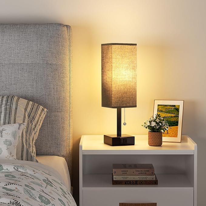 Black Small Table Lamp for Bedroom - 3 Color Temperature 3000K 5000K 4000K Bedside Lamp, Pull Chain Control, USB A and C Charging Ports, Black Base, for Kids Office Dorm Nightstand, Bulb Included | Pull Chain Lamp, 3 Color Modes(3000K/4000K/5000K), E26...