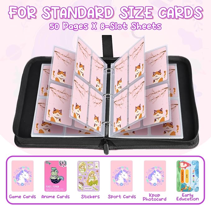 Premium 4 Pocket Trading Card Binder,400 Capacity with 50 Removable Sleeves | PU Leather Zipper Album Book for Sports Cards, Game | Card Storage & Organization for Girls Collector Sakura Pink