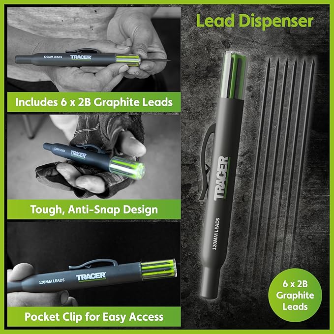 Tracer 5 Piece Construction Marker Kit - Deep Hole Carpenter Pencil Set with 2 Deep Hole Marking Pens, Heavy Duty Clog-Free Marker, 2.8mm Replacement Leads & Storage Case for Woodworking Tools | 5-piece carpenter pencil set with deep hole marking pens,...