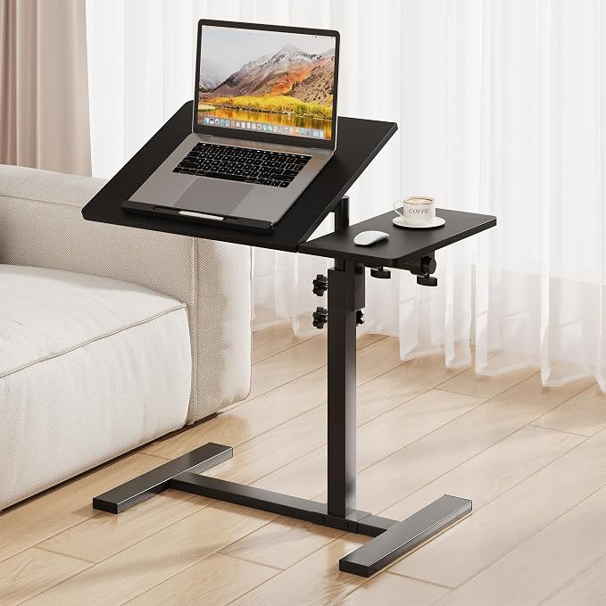 Overbed Table with Wheels Rolling, Adjustable Mobile Bedside Desk | Flip-Top, Laptop Table, C Shaped End Side Table for Couch, Sofa, Bed, Recliner and Home Use, Large Black