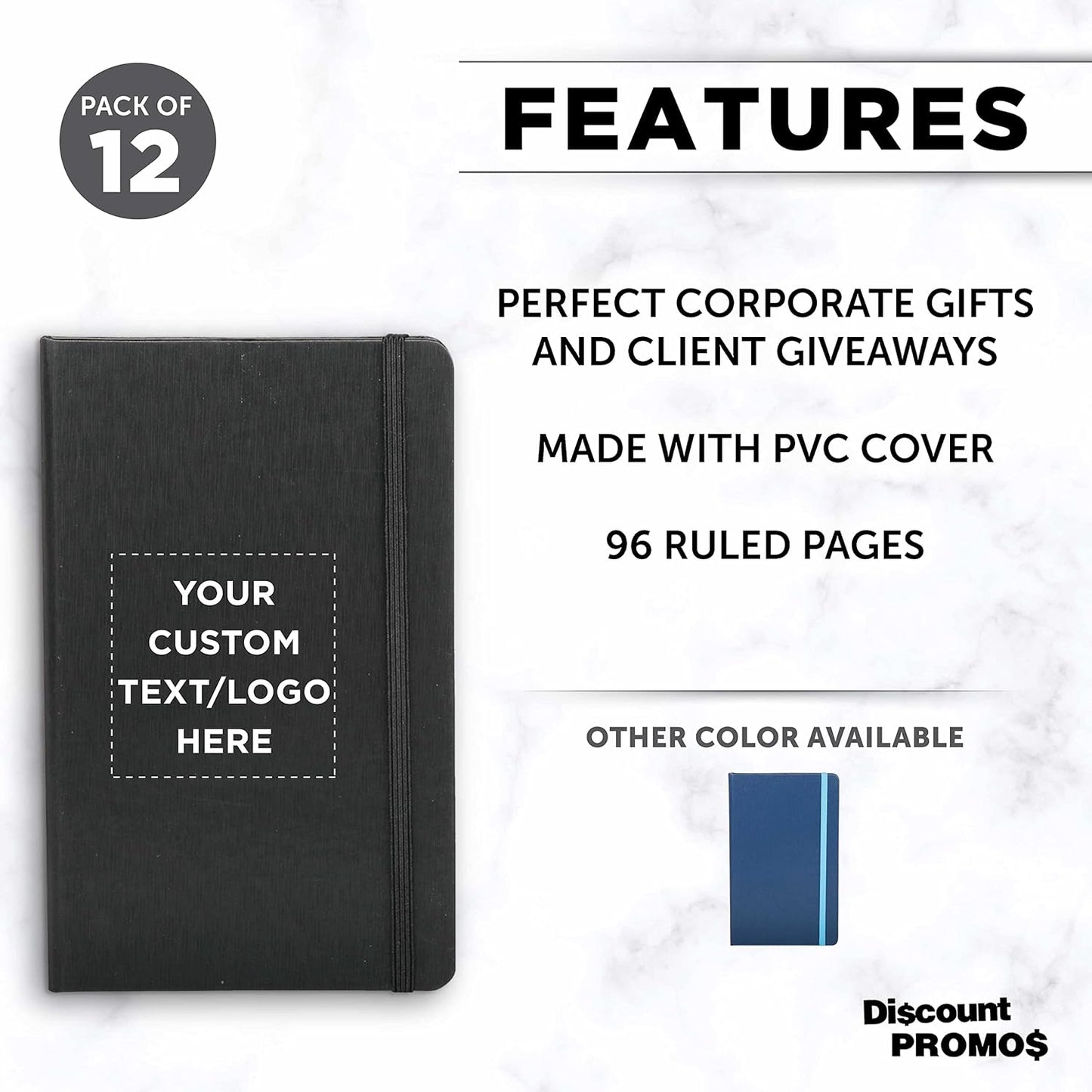 DISCOUNT PROMOS Custom Hardcover Notebook Journals with Elastic Colored Band Set of 12, Personalized Bulk Pack - Perfect for School, Office, Home - Black