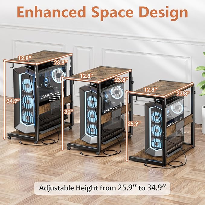 JANE EYRE Computer Tower Stand - Adjustable PC Tower Stand with Charging Station CPU Holder with Wheels for Home Office Gaming, Upgraded Large Size 25.9" to 34.9" Height