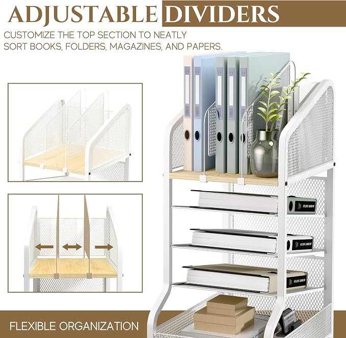 Rolling File Cart Under Desk Storage and Organizers 5-Tier White | Small Filing Cabinet with Adjustable Dividers and Lockable Wheels, Under Desk File Organizer for Home, Office