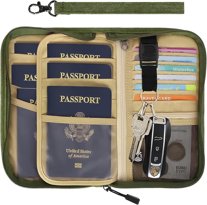 Passport Holder Family RFID Passport Wallet, Passport Holder Women/Men, Travel Wallet Documents Organizer Zipper Case with Removable Wristlet Strap, Travel Essentials for Flying