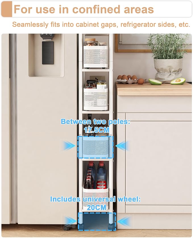 UMDONX 5-Tier Narrow Mobile Storage Cart with Pull-Out Baskets | The Multifunctional Pull-out Storage Rack Is Suitable for Bathrooms, Kitchens, and Laundry Rooms