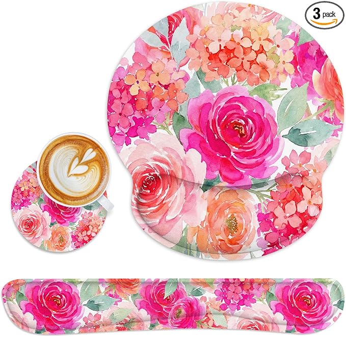 Ergonomic Mouse Pad Set with Wrist Rest, Pink Floral | Flower Peony Non-Slip Rubber Base Wrist Cushion Support and Coasters Mousepad with Wrist Support for Computer Keyboard