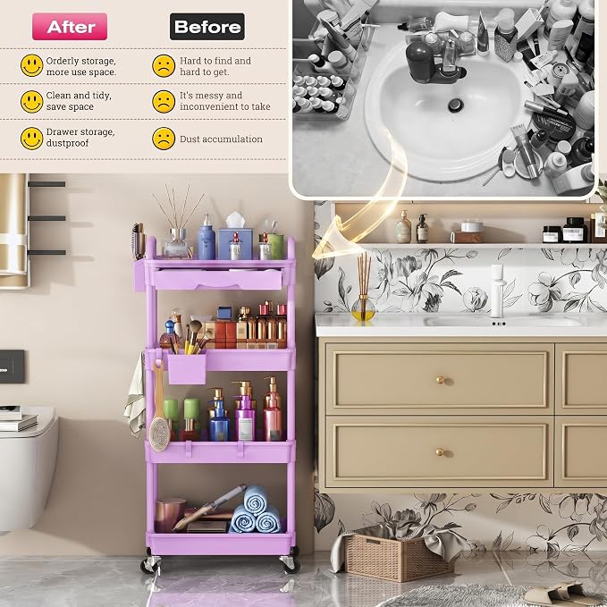 Goovilla Rolling Makeup Organizer Cart with Removable Drawer, 4 Tier Purple | Stable Floor Skincare Storage Cart for Vanity, Cosmetic Display, Nail Polish, Perfume, Hair Stuff, Beauty, Bathroom(Plastic)