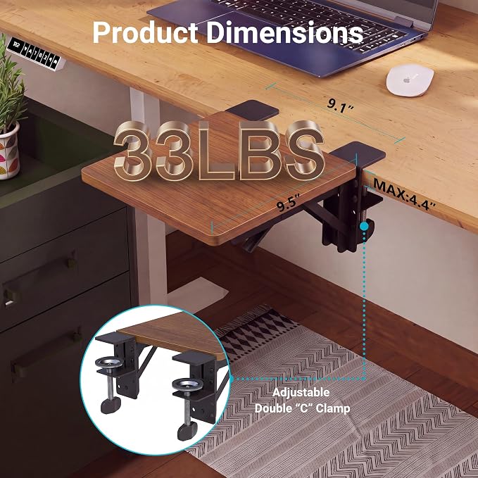 BONTEC Ergonomic Desk Extender Tray, 9.5"x9.1" Table Mount Arm Wrist Rest Shelf, 90° Foldable Elbow Support, Clamp on Computer Arm Rest for Desk, Office & Home Use, Durable & Easy to Install, Walnut