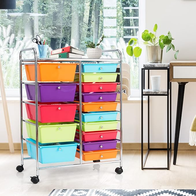 GLACER 15 Drawers Rolling Storage Cart, Steel Frame Craft Organizer Cart | Utility Cart w/Lockable Wheels & Handle, Mobile Art & Tool Supply Trolley for Teacher, Home, School, Office (Multicolor)