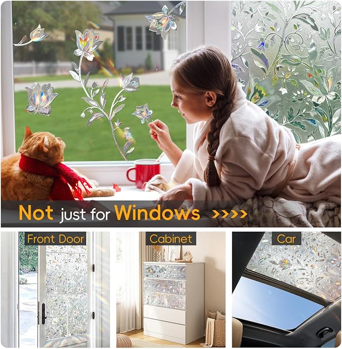 Rainbow Window Privacy Film Decorative, Stained Glass Tint for Home, 3D Decals Clings for Glass, Static Cling Sticker, Suncatcher Cover,45.2" by 157.4"