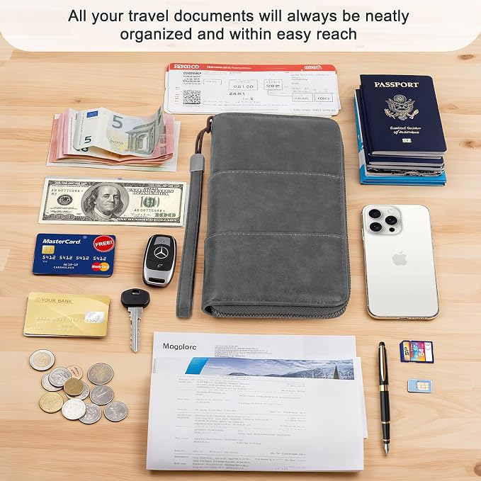 RFID Family Passport Holder Wallet - Travel Document Organizer | PU Leather, with Wristlet, Zipper, Cards, Boarding Pass, ID, Cash, Ticket Pockets,Travel Essentials Gifts for Women Men
