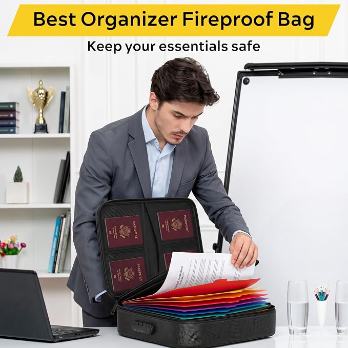 Fireproof Document Box with Lock, 13-Folder File Organizer Bag | 13 accordion folders for passports, certificates, cash & important documents, ideal for home office travel storage