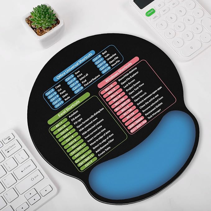 KONVINIT Ergonomic Mouse Pad with Wrist Rest, Small Excel Cheat Sheet Desk Pad with Windows & Office & Excel Shortcuts, Non-Slip Rubber Base Mouse Pads for Desk with Smooth Surface, Black Blue