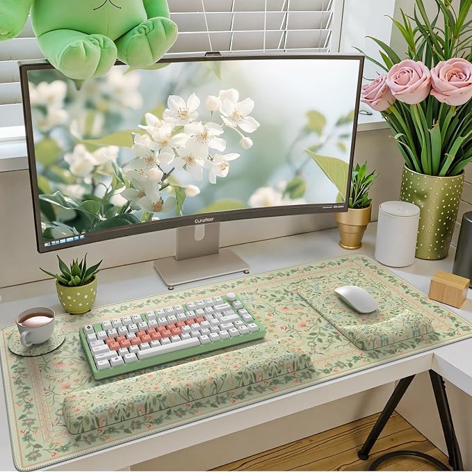 iCasso Mouse Pad with Wrist Rest, Large Desk Mat Set, Bean Green | Ergonomic Keyboard Pad with Wrist Support, Non-Slip Mouse Mat for Women, Cute Floral Computer Mat for Home Office Gaming