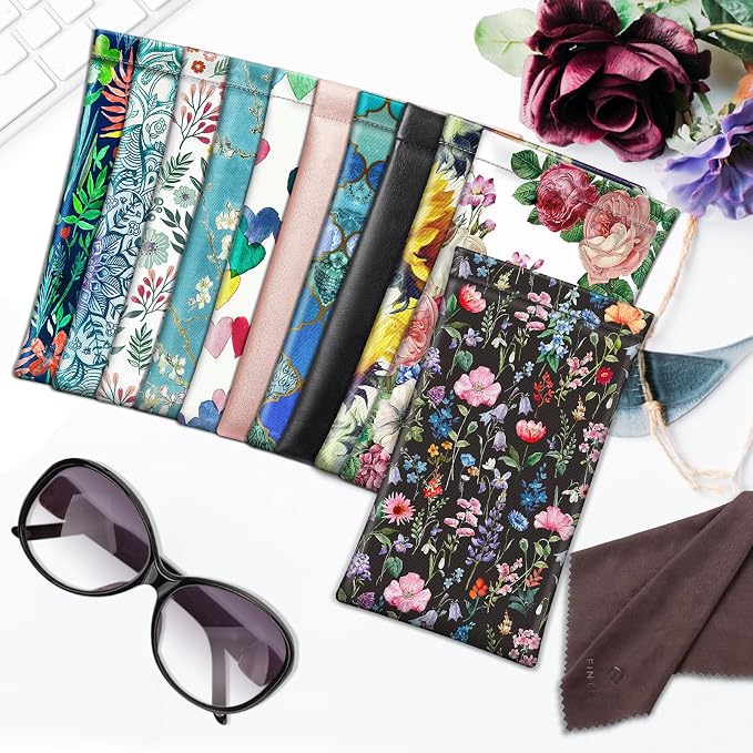 FINTIE Soft Eyeglasses Case with Cleaning Cloth, Portable Squeeze Top Vegan Leather Glasses Pouch, Sunglasses Eyewear Bag