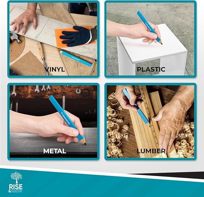 Rise & Grow 50 Set, Blue Carpenters Pencils Bulk 7” – HB Lead Flat Construction Pencils for Men and Women - Woodworking Pencil for Marking Wood, Concrete and Plastic (Blue)