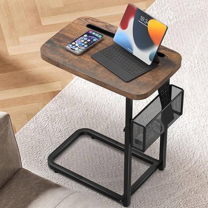 Fashion TV Tray Table with Large Tabletop, Adjustable Sofa Table with Storage Baskets, Strong Metal Frame, Tv Dinner Tray Table for TV Watching, Meals, Snacks (Square, Brown, 16.93inch x 12.6inch)