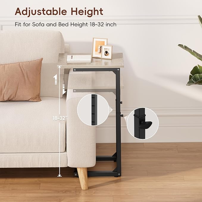 C-Shaped End Table, 33" Tall C Table Adjustable Height Side Table, Small Couch Table with Metal Frame, Slide Under Sofa TV Tray for Living Room, Bedroom, Bedside, Small Spaces, Gray