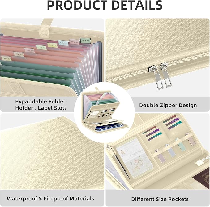 Fireproof Accordion File Organizer, Expanding File Folder with 13 Pockets | Portable Document Organizer with Waterproof Zipper & Labels, File Organizer for Important Document/Paper Storage, Khaki