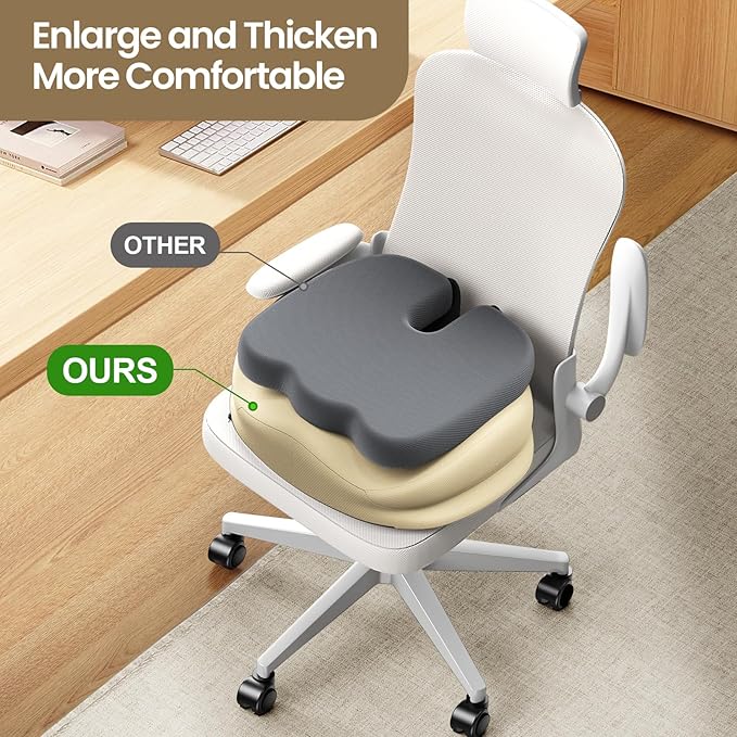 Benazcap Large Seat Cushion for Office Chair Memory Foam Coccyx Pain Relief Cushion Pillow for Back Support Non-Slip Seat Pad for Office Desk, Car Seat, Wheelchair, Sciatica-Beige