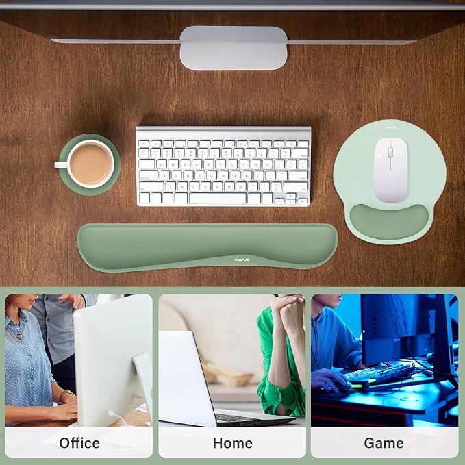 MOSISO Wrist Rest Support for Mouse Pad&Keyboard Set, Antique Green | Streamline Ergonomic Mousepad&Coaster Non-Slip Base Home/Office Pain Relief&Easy Typing Pad with Soft Cloth&Silicone Lining