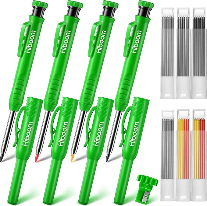 Hiboom 4 Pack Carpenter Pencil with 36 Refills Built In Sharpener (Green) | Concrete Wood Metal, Deep Marking, Multi-Color Refills, 2.8mm Lead, Construction Work, Waterproof, Carpenter Builder DIY
