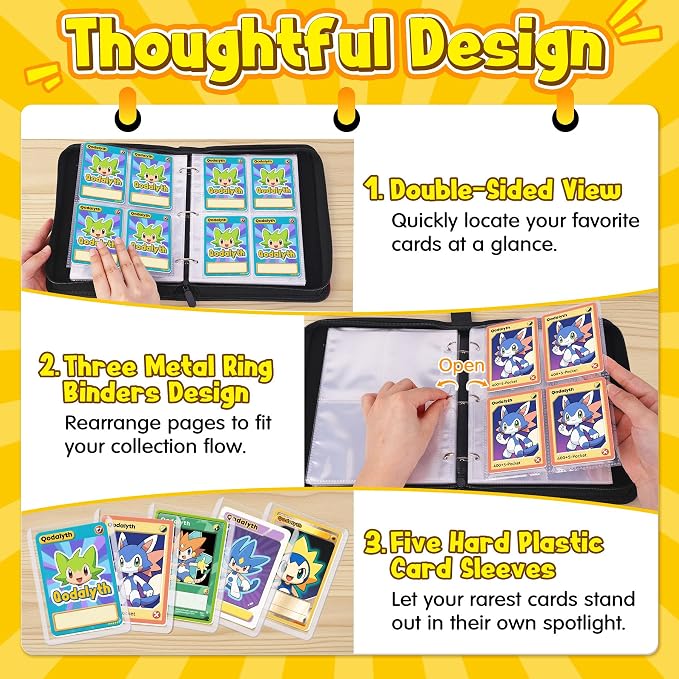 Card Binder – 4 Pocket Zipper Collection Album, Premium PU Holder, Double-Sided Display for 400 Cards, Includes 5 Hard Plastic Sleeves for Game Cards, Sports Cards（Lightning）