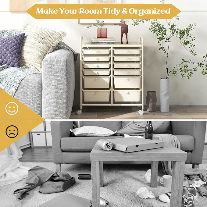 12 Drawer Rolling Storage Cart, Craft Cart Organizer on Wheels w/Metal Frame, Large Capacity & Smooth Drawer, Rolling Cart w/Drawers for Classroom, Office
